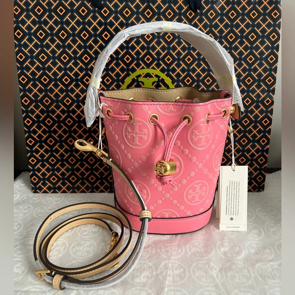 Tory Burch T Monogram Contrast Embossed Mini Bucket Bag Crossbody Bag Rose Pink - Picture 1 of 9